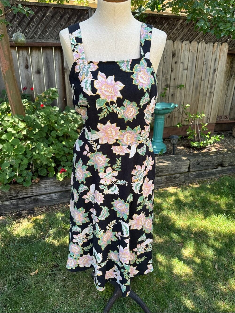 Who What Wear Black Midi Dress Pink Green Floral Print Linen Blend Women's Small